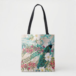 Antieke Geïllustreerde Pauw & Bloemen Grunge Tote Bag