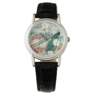 Antieke geïllustreerde pauw & bloemen horloge