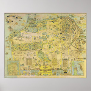 Antieke Geïllustreerde San Francisco Kaart 1970 Po Poster