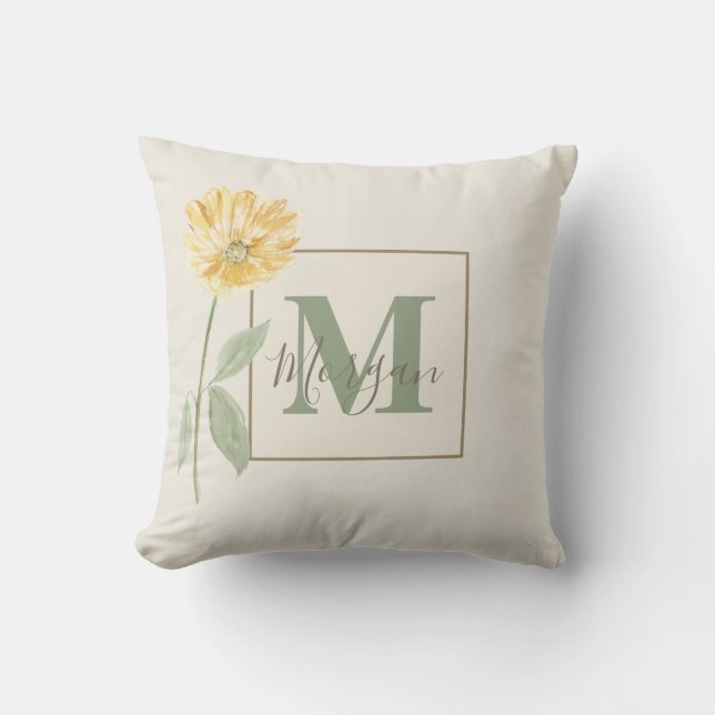 Antieke Gele Bloem Monogram Kussen (Voorkant)