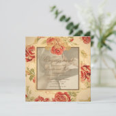 Antieke gele roestige rode roos trouwfoto uitnodig kaart (Staand voorkant)