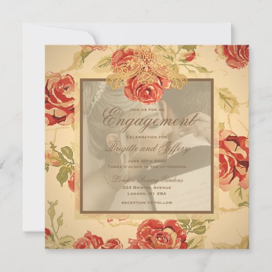 Antieke gele roestige rode roos trouwfoto uitnodig kaart (Voorkant)