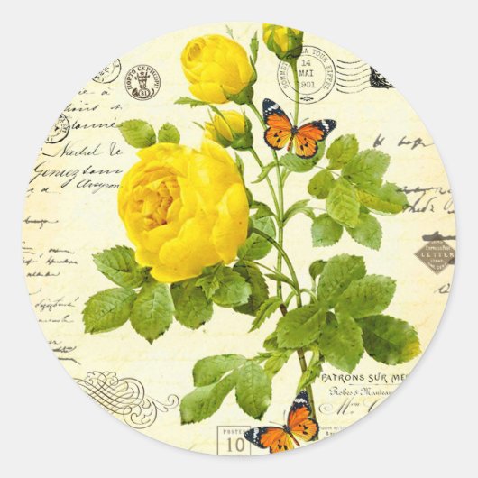 antieke gele rozen ronde sticker (Voorkant)