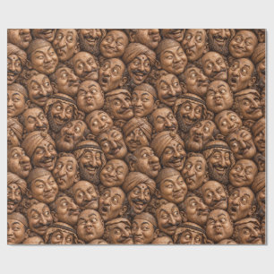 Antieke Gesneden Houten Gezichten Abstract Patroon Cadeaupapier