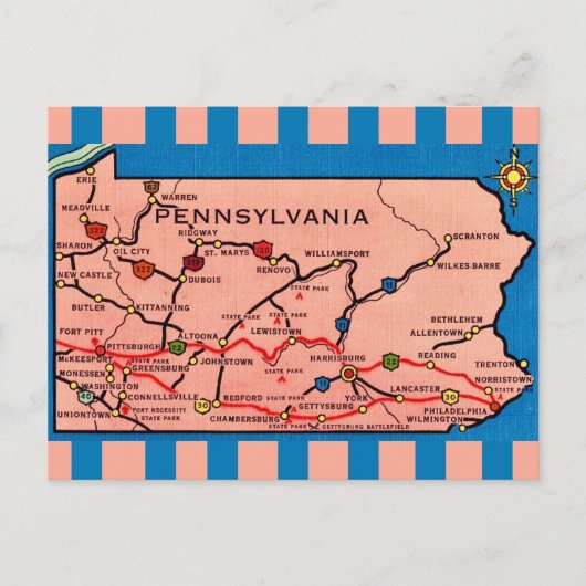 Antieke gestreepte kaart van Pennsylvania (Voorkant)