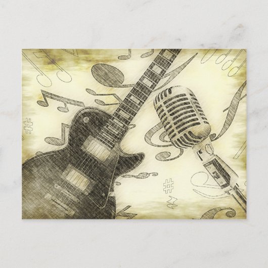 Antieke gitaar en microfoon briefkaart (Voorkant)