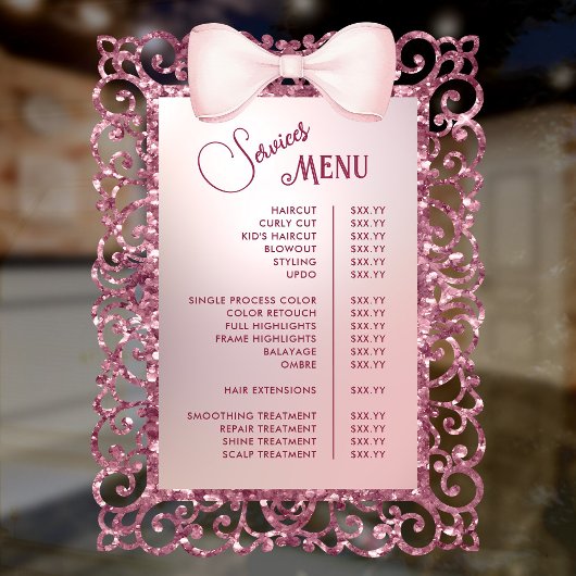 Antieke Glitter Frame Roze Strik Diensten Menu Raamsticker