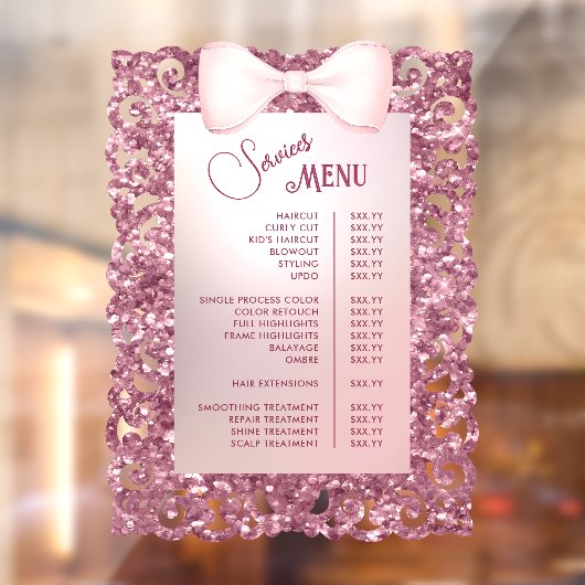 Antieke Glitter Frame Roze Strik Diensten Menu Raamsticker (Vel 2)