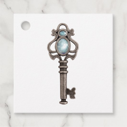 Antieke Gotische Blauwe Edelsteen Sleutel Bedankjes Labels (Voorkant)