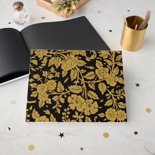 Antieke Gouden Bloemmotief Indiase Lakwerk Zwarte Gastenboek (Voorkant open)