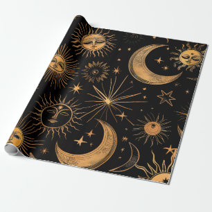 Antieke Gouden Hemelse Zon en Maan Zwart Cadeaupapier