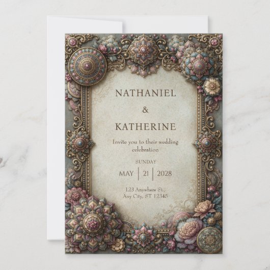 Antieke Gouden Roos Mandala Frame Bruiloft Kaart (Voorkant)
