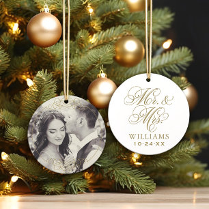 Antieke gouden trouwmonogramfoto van Mr. en Mrs. Ornament