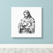 Antieke Gravure Herder Die Lam Vasthoudt Vector De Canvas Afdruk (Insitu (Houten vloer))