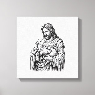 Antieke Gravure Herder Die Lam Vasthoudt Vector De Canvas Afdruk