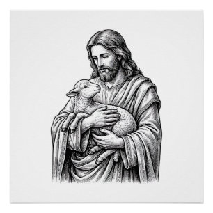 Antieke Gravure Herder Die Lam Vasthoudt Vector De Perfect Poster