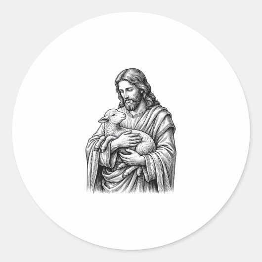 Antieke Gravure Herder Die Lam Vasthoudt Vector De Ronde Sticker (Voorkant)