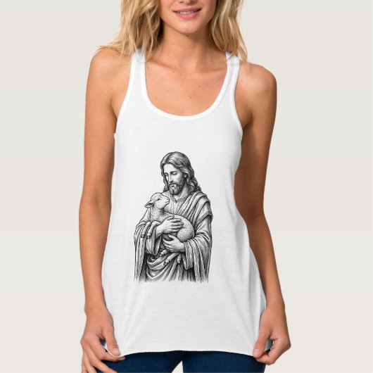Antieke Gravure Herder Die Lam Vasthoudt Vector De Tanktop (Voorkant)