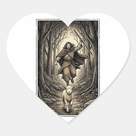 Antieke Gravure Herder en Lam Bos Hart Sticker (Voorkant)
