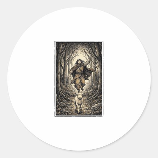 Antieke Gravure Herder en Lam Bos Ronde Sticker (Voorkant)