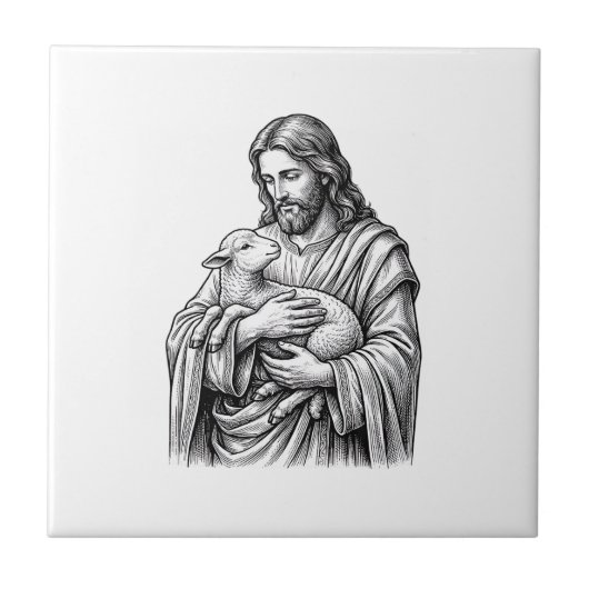 Antieke Gravure Herder met Lam Vector Des Tegeltje (Voorkant)