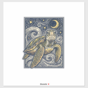 Antieke Gravure Zeeschildpad Sterrennacht Sticker