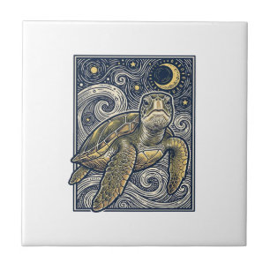 Antieke Gravure Zeeschildpad Sterrennacht Tegeltje