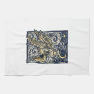Antieke Gravure Zeeschildpad Sterrennacht Theedoek