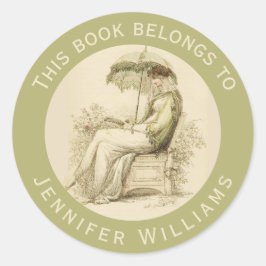 Antieke groene boekplaat Regency-dame leest boek Ronde Sticker