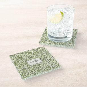 Antieke groene wilgenbladeren monogram glas glazen onderzetter
