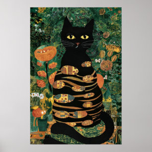 Antieke Gustav Klimt Zwarte Kat In Een Bloementuin Poster