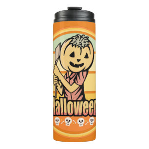 ANTIEKE HALLOWEEN POMPOEN MET BIJL EN SKELET THERMOSBEKER
