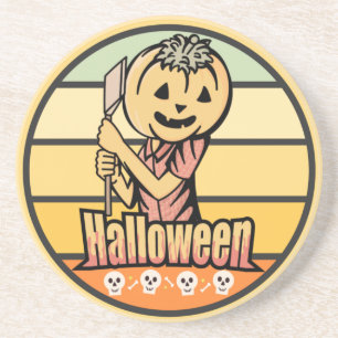 ANTIEKE HALLOWEEN POMPOEN MET BIJL EN SKELET ZANDSTEEN ONDERZETTER