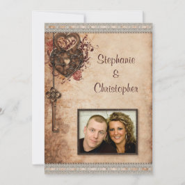 Antieke Hartjes Slot en Sleutel Foto Bruiloft Kaart