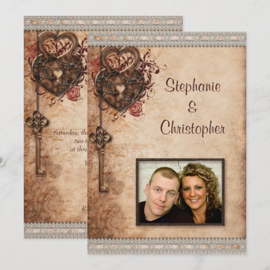 Antieke Hartjes Slot en Sleutel Foto Bruiloft Kaart (Voorkant / Achterkant)