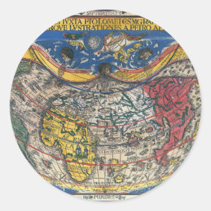 Antieke hartvormige wereldkaart van Peter Apian 15 Ronde Sticker