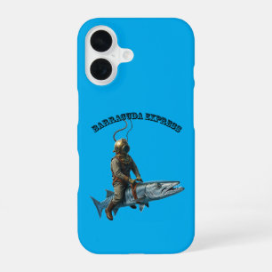Antieke helm duiker rijdend op een barracuda vis U iPhone 16 Hoesje
