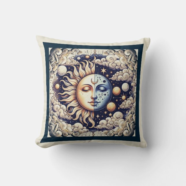 Antieke Hemelse Halve Zon & Maan Blauw Geel Kussen (Voorkant)