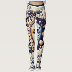 Antieke Hemelse Halve Zon & Maan Blauw Geel Leggings