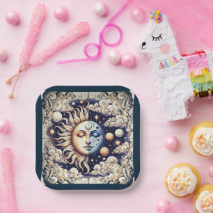 Antieke Hemelse Halve Zon & Maan Blauw Geel Papieren Bordje