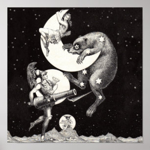 Antieke Hemelse Maan Godin & Grote Beer Poster