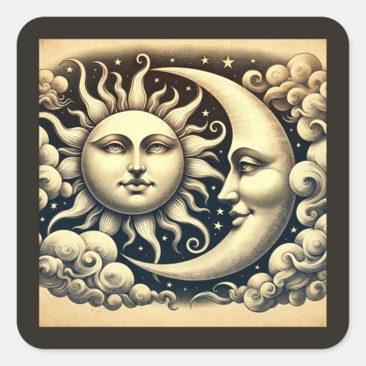 Antieke Hemelse Zon & Maan Vierkante Sticker (Voorkant)