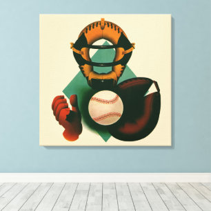Antieke honkbalspeler, catcher met handschoen canvas afdruk