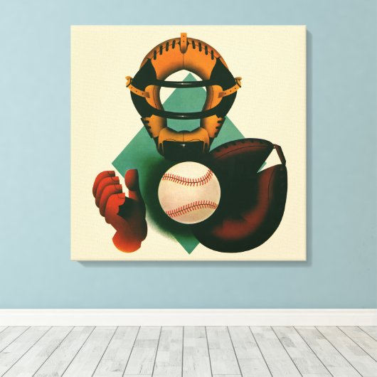 Antieke honkbalspeler, catcher met handschoen canvas afdruk (Insitu (Houten vloer))