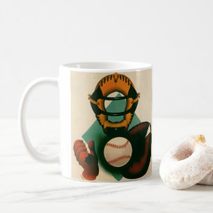 Antieke honkbalspeler, catcher met handschoen koffiemok