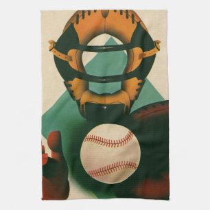 Antieke honkbalspeler, catcher met handschoen theedoek