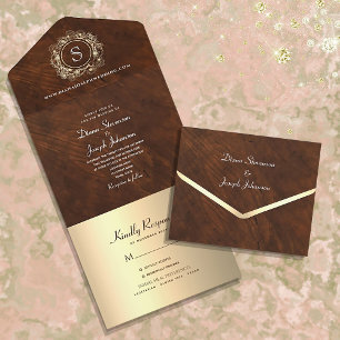 Antieke Houten Monogram Trouwfeest All In One Uitnodiging