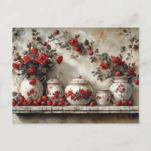 Antieke houten plank rode rozen aardbeien briefkaart