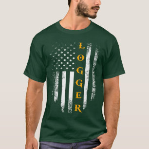 Antieke houthakker met Amerikaanse vlag LoggingCar T-shirt