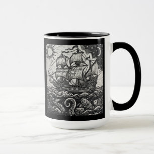 Antieke Houtsnede Hoogzeilschip & Zee Monster Mok